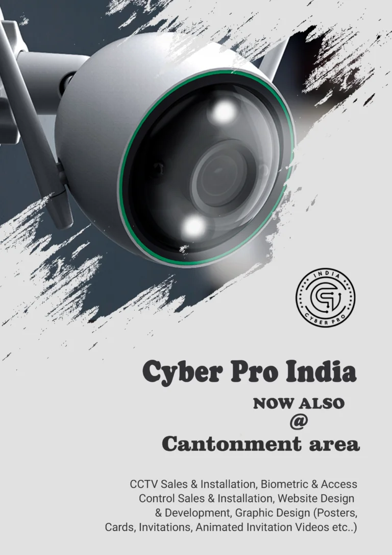 Cyber Pro India promotional poster announcing new CCTV installation services in Cantonment area, Bangalore, featuring a modern white dome security camera.
