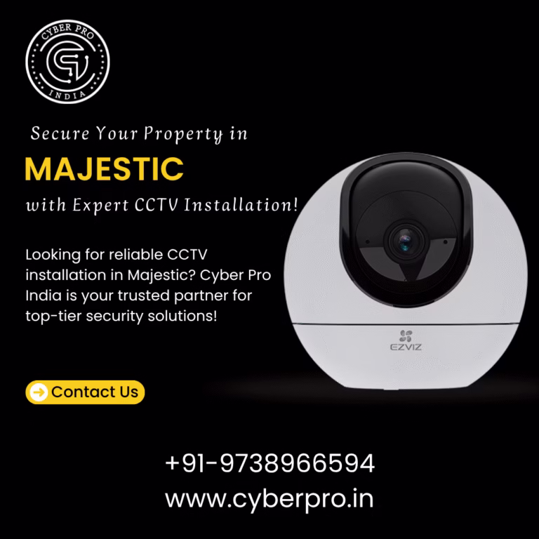Cyber Pro India promotional poster announcing new CCTV installation services in Majestic, Bangalore, featuring a modern white dome security camera.